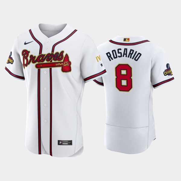 Men's White/Gold Atlanta Braves #8 Eddie Rosario 2022 World Series Champions Program Flex Base Stitched Baseball Jersey